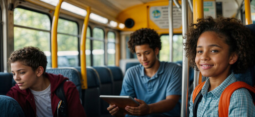 Boy on school bus engages with digital tablet, entertained in the commute,isolate from classmates - obrazy, fototapety, plakaty