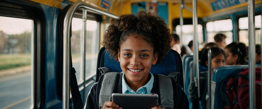 joyful mixed race young girl sit on school bus , with backpack, classmates sitting in the background