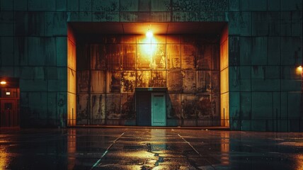 atmospheric night scene of a brutalist structure illuminated by ambient street lights,