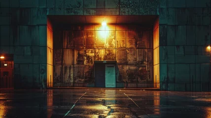 Foto op Canvas atmospheric night scene of a brutalist structure illuminated by ambient street lights, © Anna