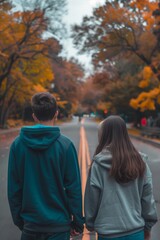 Fototapeta premium Young couple holding hands during a romantic autumn walk