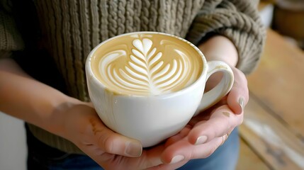 Woman holding a cup of coffee with latte art
