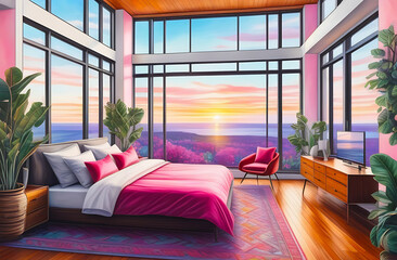 Cozy bedroom with hardwood floor in modern apartment for mockup, game room background. Beautiful colorful view from the window