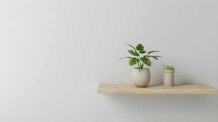 Wood shelf with plant in pot on white wall background.