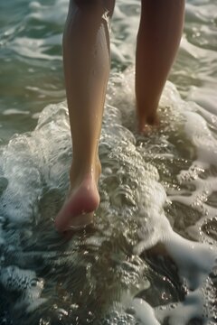 Close-up of walking feet in sea water at sunset