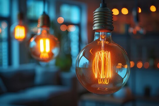 Close-up image capturing the warm, ambient glow of vintage style light bulbs against a bokeh backdrop