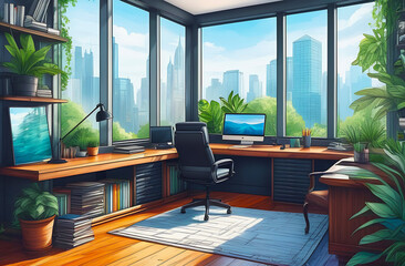 Cozy home office with hardwood floor in modern apartment for mockup, game room background. Beautiful colorful view from the window