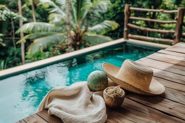 Obraz premium Tropical poolside leisure scene with straw hat and towel