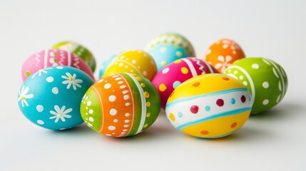 Fototapeta na wymiar Easter decoration colorful eggs on white background with copy space. Beautiful colorful easter eggs. Happy Easter. Isolated.