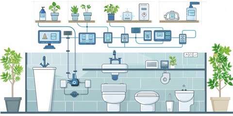 An Illustrated Guide to Advanced Bathroom Plumbing Technology with Integrated Control Systems, Generative AI - obrazy, fototapety, plakaty