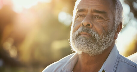 Portrait of mature elderly man with beard, close up with serious expression, standing outside - obrazy, fototapety, plakaty