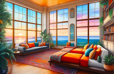 Cozy bedroom with hardwood floor in modern apartment for mockup, game room background. Beautiful colorful view from the window