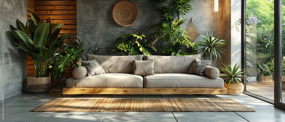 Poster a view of a white living room in a minimalist style with furniture on a bright laminate floor. this 