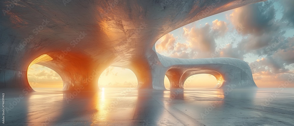 Poster A 3D render of abstract futuristic architecture with a concrete floor.