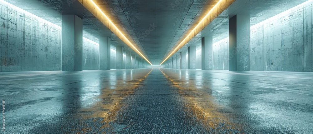 Poster architecture tunnel on highway with empty asphalt road, 3d rendering.