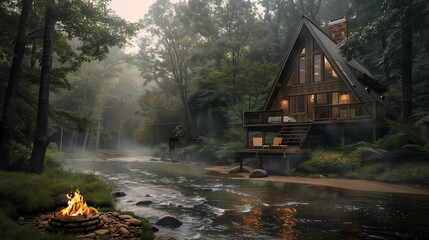 This image exudes the quiet allure of a modern A-frame cabin situated by a gently flowing river, enveloped in a soft mist, with a welcoming fire pit near the water's edge offering warmth and light