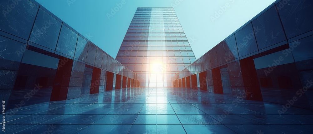 Aufkleber Three-dimensional rendering showing a high rise glass building with dark steel windows against a blue clear sky background. Business concept of future architecture. The sun light is shining at the top