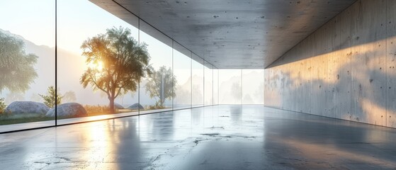 An abstract futuristic glass structure with an empty concrete floor is shown in this 3D render... - obrazy, fototapety, plakaty
