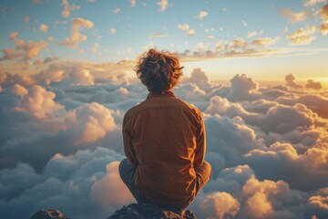 An individual sits atop a cliff, lost in contemplation, gazing at a captivating, cloud-filled sky at sunset - obrazy, fototapety, plakaty