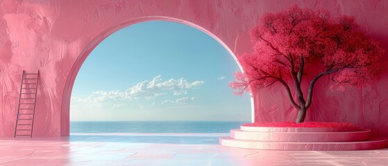 Blue sky in arch window and ladder on pink background. Conceptual 3D render.