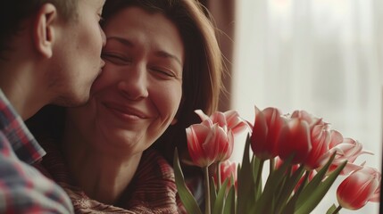An overjoyed son kisses a happy mother during a holiday celebration at home and presents her with a bouquet of tulips congratulating her on Mother's Day