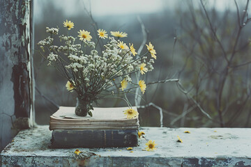 Vintage glass vase with yellow daisies and white baby's breath on an old book, on a weathered windowsill. Nostalgic still life concept for design and print - Powered by Adobe