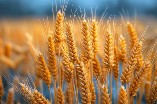A stunning close-up image showcasing the beauty and details of golden wheat ears in a field, with a soft-focus background