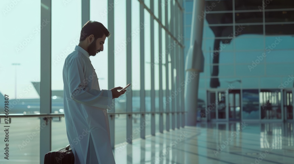 Poster at the airport terminal, handsome arab guy with suitcase browses mobile internet on phone while he w