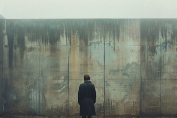 Person standing before a weathered wall with streaks of rust and discoloration. Solitude and...