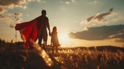 Family. Father and daughter playing outdoors. Daddy and his child girl wearing superhero costumes. Father's Day concept.