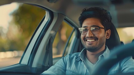 Indian man driving car, shot from dashboard during summer vacation, with copy space. Middle-eastern man in casual shirt and glasses driving brand new nice car. - obrazy, fototapety, plakaty