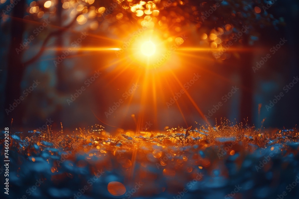 Poster majestic sunlight peeking through dense forest trees, illuminating the dew drops and creating a magi