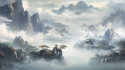 landscape in the mountains,
A chinese landscape with a mountain and a chinese castle in the fog