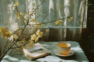 Blooming yellow flowers on a branch with a tea cup and open book on a textured table. Cozy home and relaxation concept for design and print