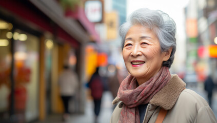 Older asian woman standing in the city street in front of a shops. Attractive smiling white haired mature woman posing in a city street looking at the camera