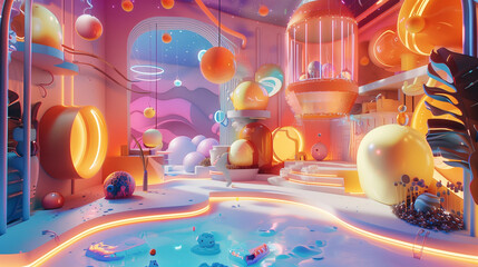 This digitally rendered image presents a fantasy room filled with glowing orbs, vibrant neon lighting, and a variety of abstract, whimsical shapes that create a surreal, futuristic environment