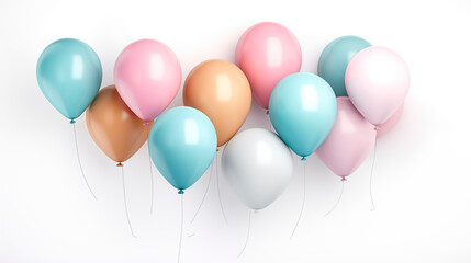 many pastel colorful bright balloons on a white background with copy space.