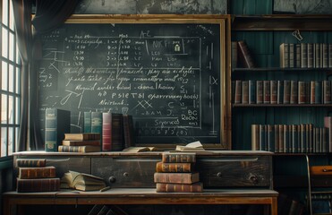 Books fronted by a blackboard with a math equation in the background. Generated by artificial intelligence. 