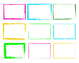 A set of square text frames. A set of bright frames painted with brushes. A set of hand drawn frames.