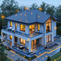 Twilight Showcase of a Modern Two-Story House With Illuminated Smart Home Features