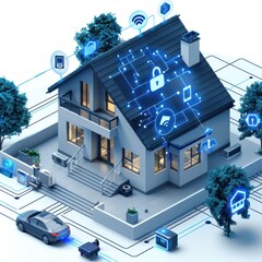 Isometric smart home concept with security and technology icons.