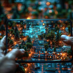Smart city concept with holographic interface over a connected cityscape through a smartphone screen, held by human hands.