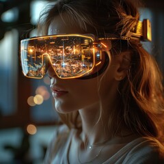 Woman wearing futuristic VR glasses with cityscape reflection, concept of virtual reality and technology.