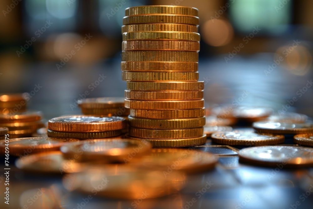 Poster a detailed image of an orderly stack of gold and copper coins on a reflective surface with blurred c