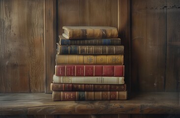 Various books are arranged in a pile.  There are a lot of different types of books on the table.
Generated by artificial intelligence. 