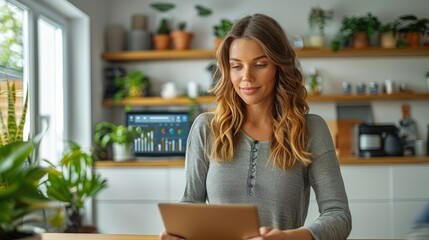 Young woman using a tablet in a modern kitchen with plants in the background.