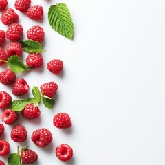 raspberries on a white background with space for text.