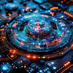 Abstract futuristic circuit board, high-tech digital technology background with glowing elements. Concept of modern electronics, software, and data processing.