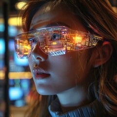 Woman with futuristic glasses displaying digital data, concept of virtual reality and technology.