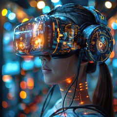 Woman wearing futuristic VR headset with glowing interface, immersed in virtual reality experience.